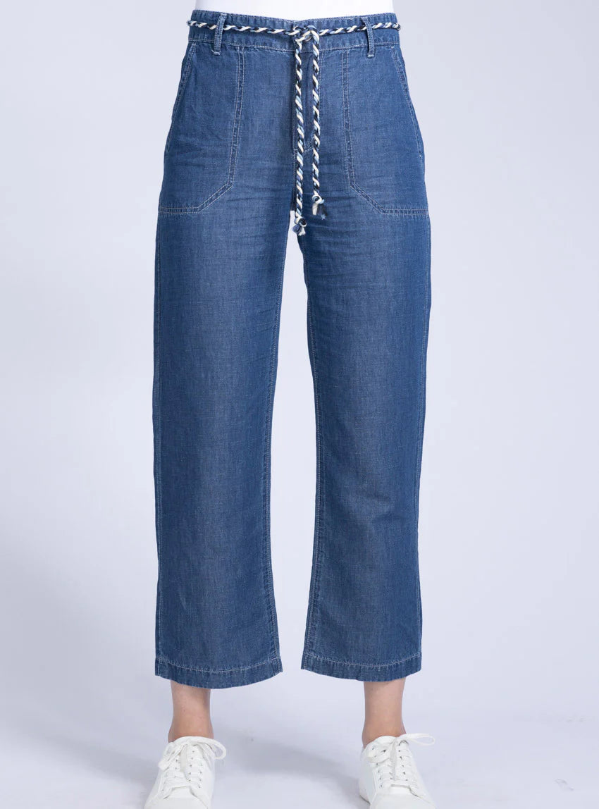 Pantalon 7/8 femme en coton et lin bleu indigo