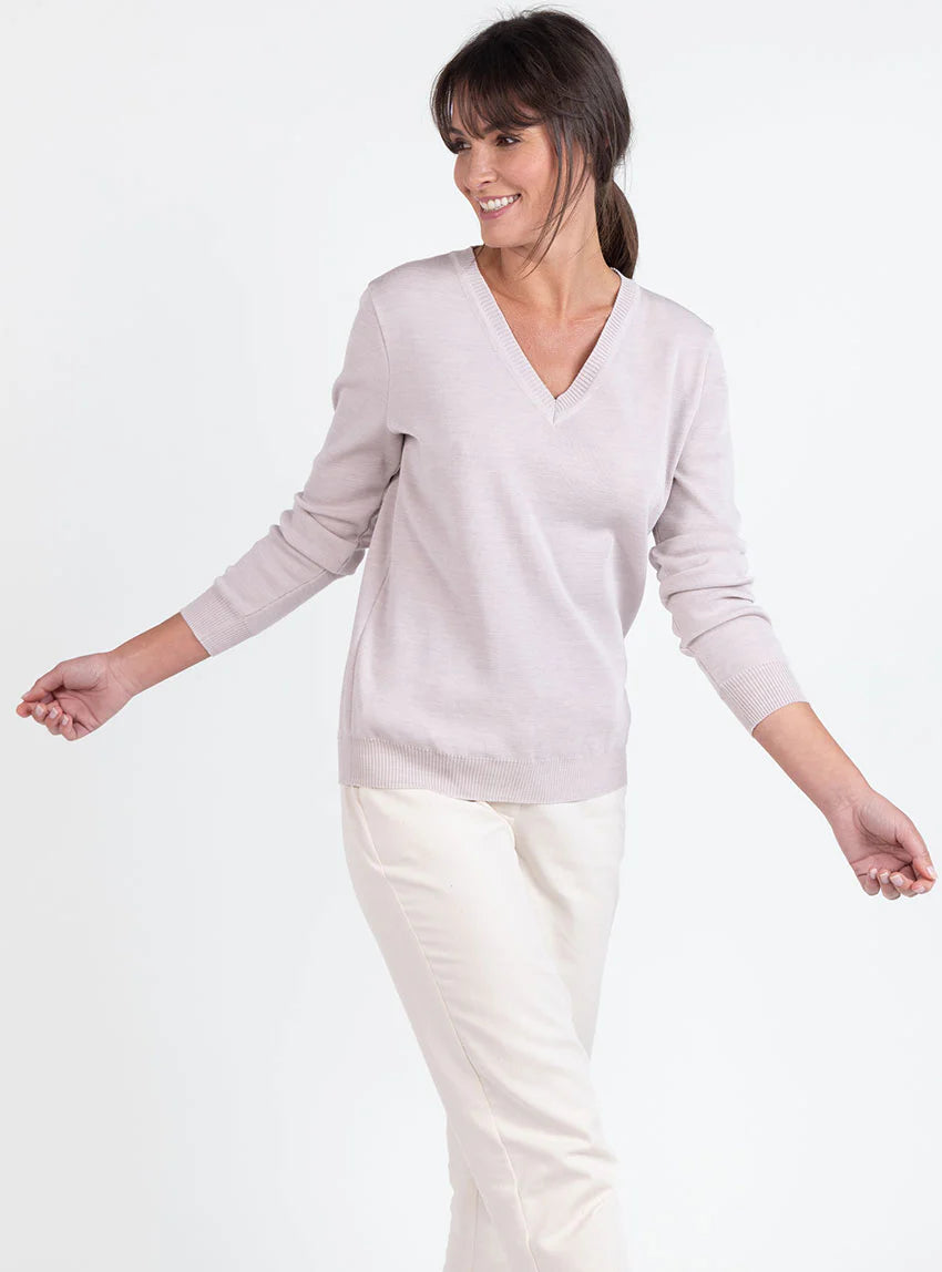 Pull femme col V en laine beige naturel