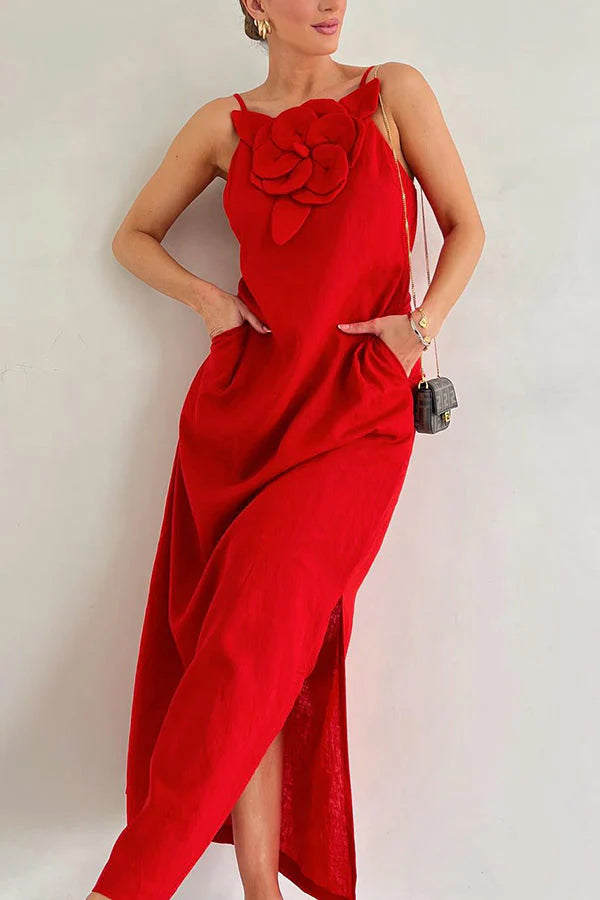 Sophie Paris | Robe maxi fendue à poches ornée de motifs floraux en mélange de lin