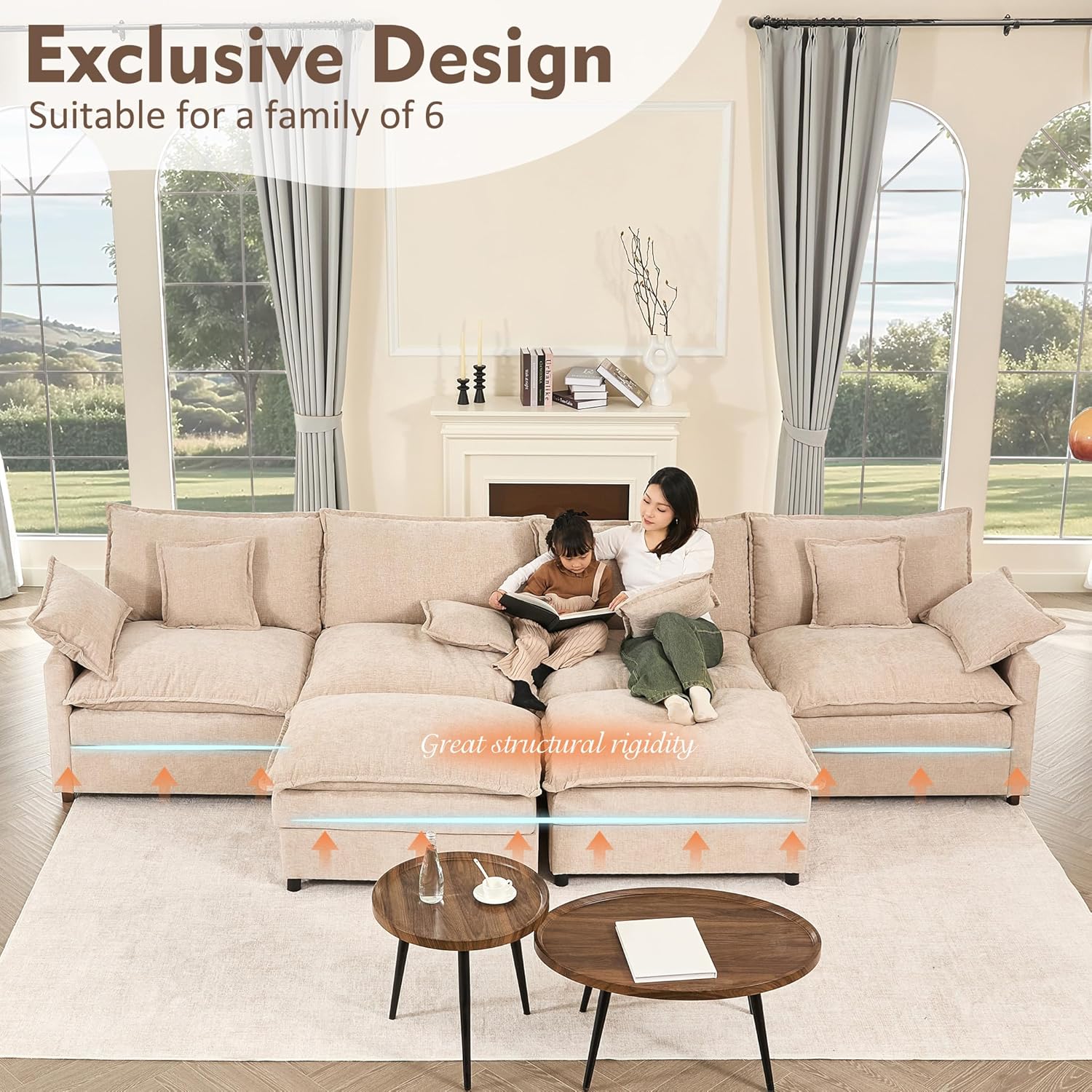 108 U Shaped Couch, Modular Sectional Sofa, 3-Seater Comfy Cloud Couch with Movable Ottoman, Deep Seat Couches for Living Room, Chenille, Slate