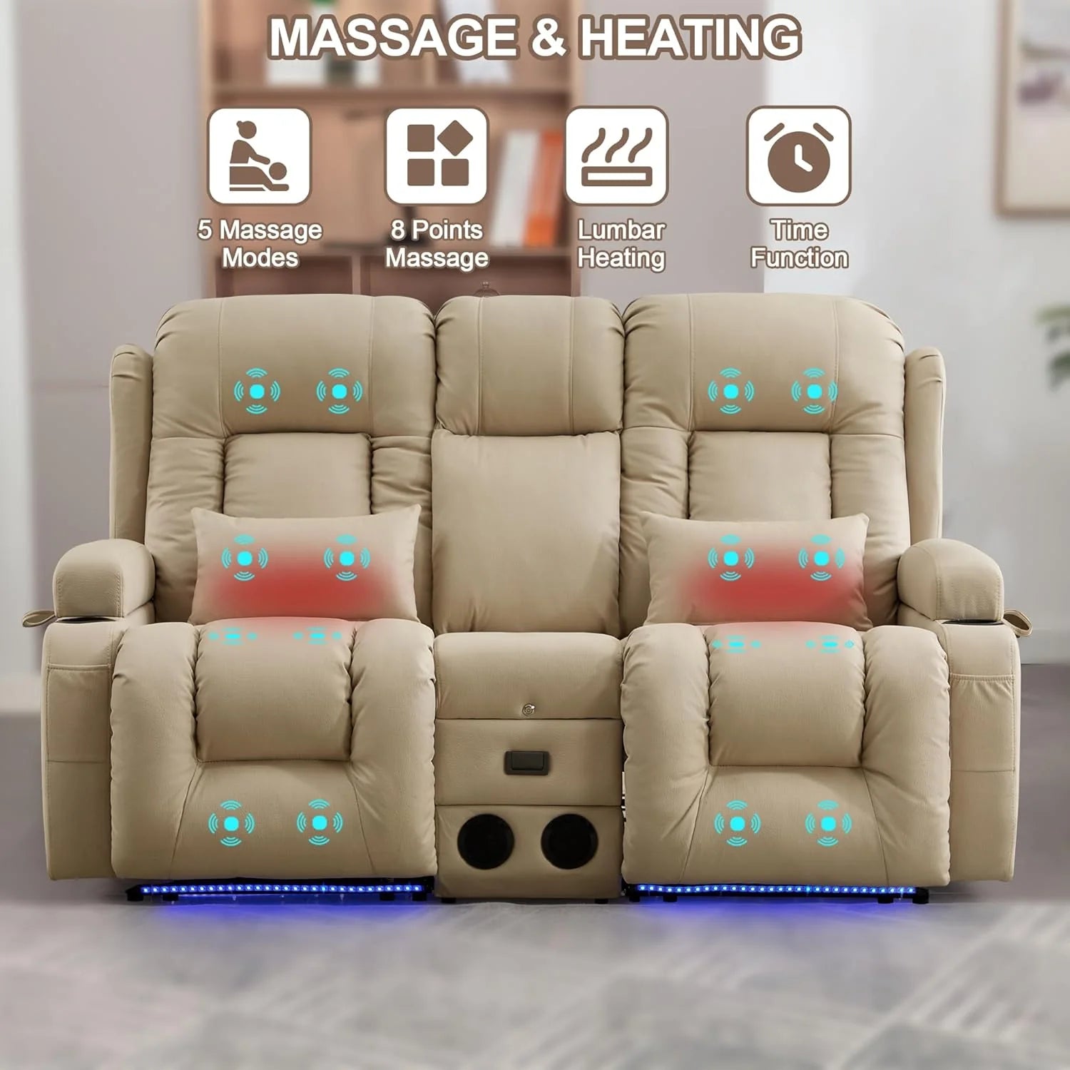 TUNYI Power Loveseat Recliner Sofa with Massage & Heat Home Theater Seating with Console Electric Recliner RV Sofa with USB/Outlet/Storage/Side Pocket/LED Light/Speaker (Brown, Loveseat)