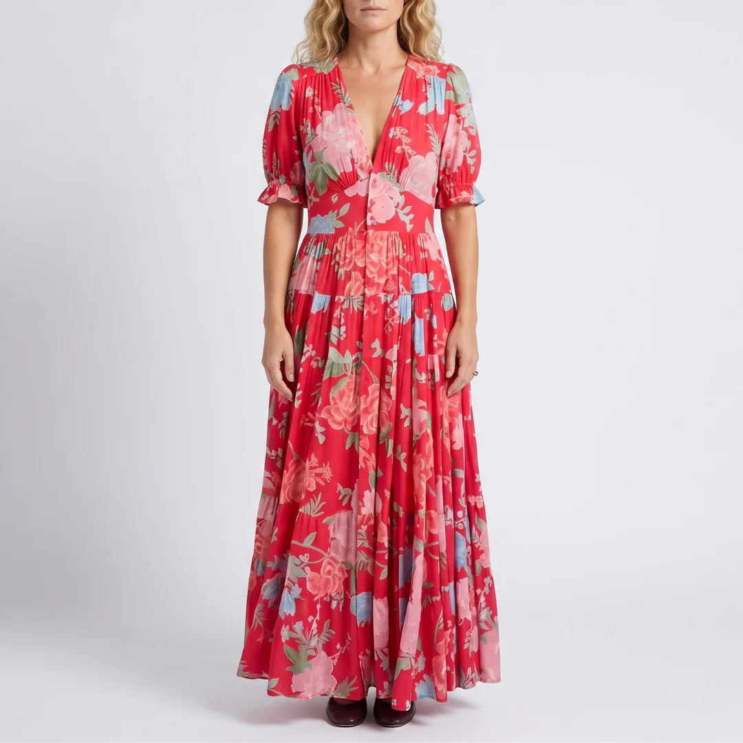 Minelda - Robe élégante à col en V avec motif floral