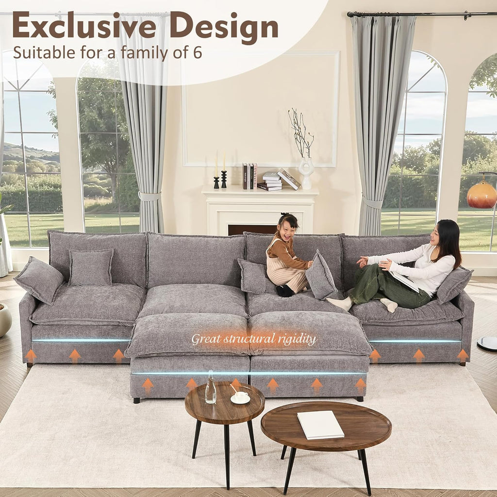 108 U Shaped Couch, Modular Sectional Sofa, 3-Seater Comfy Cloud Couch with Movable Ottoman, Deep Seat Couches for Living Room, Chenille, Slate