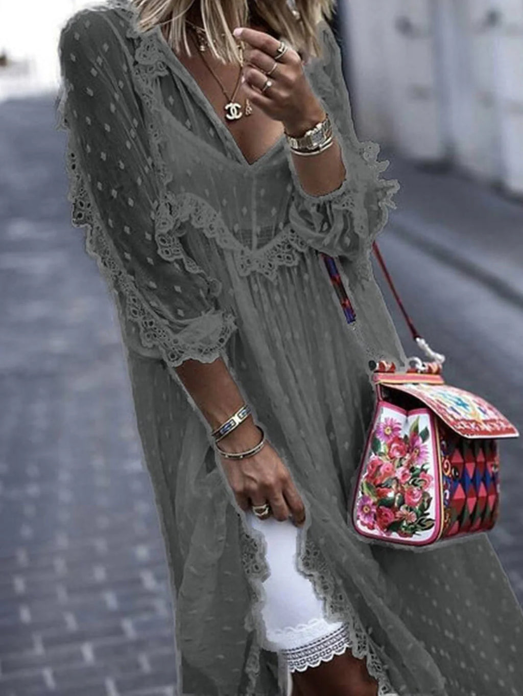 Sophie Paris | Robe longue en jacquard à pois transparents manches longues