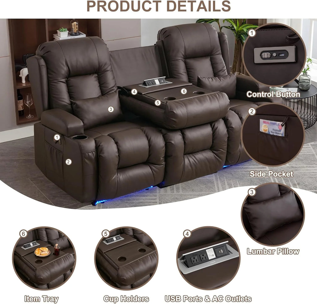 TUNYI Power Loveseat Recliner Sofa with Massage & Heat Home Theater Seating with Console Electric Recliner RV Sofa with USB/Outlet/Storage/Side Pocket/LED Light/Speaker (Brown, Loveseat)