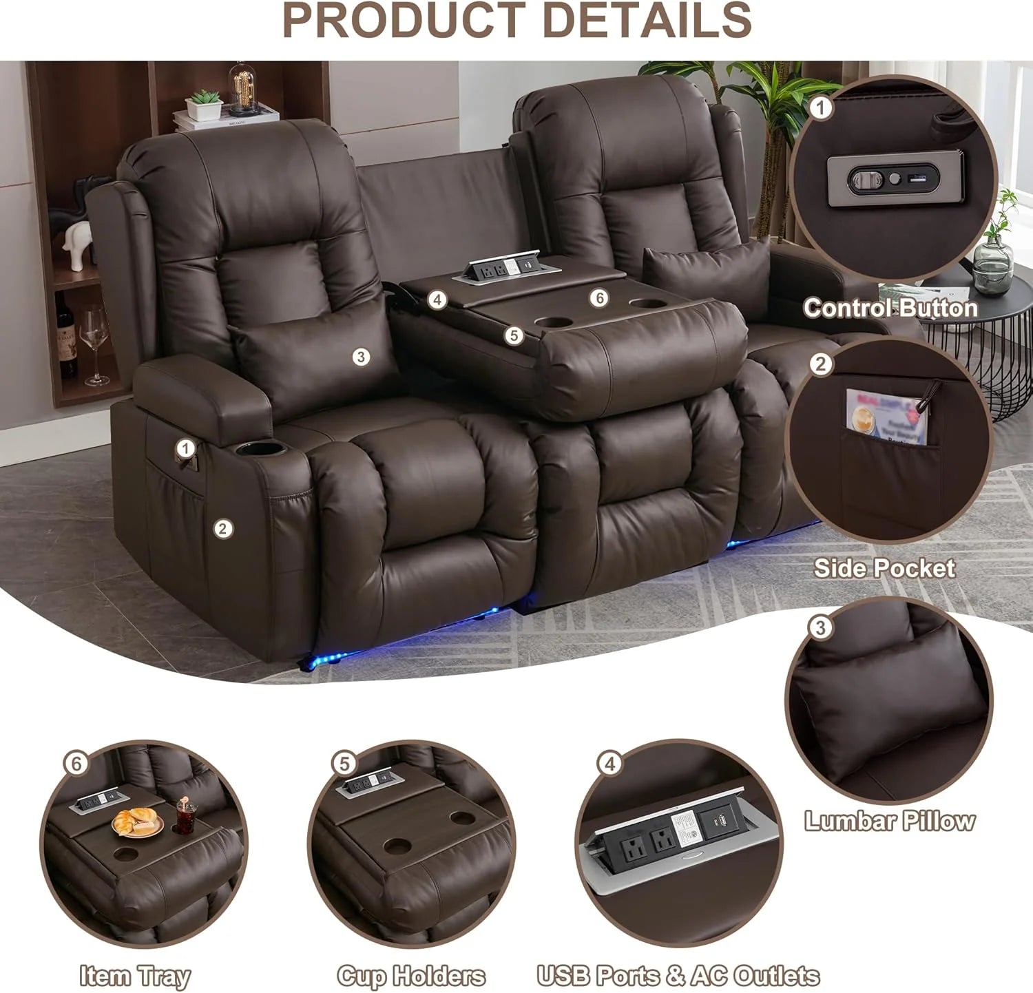 TUNYI Power Loveseat Recliner Sofa with Massage & Heat Home Theater Seating with Console Electric Recliner RV Sofa with USB/Outlet/Storage/Side Pocket/LED Light/Speaker (Brown, Loveseat)