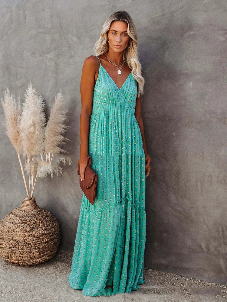 Robe Maxi d'Été Verte Style Bohème Chic