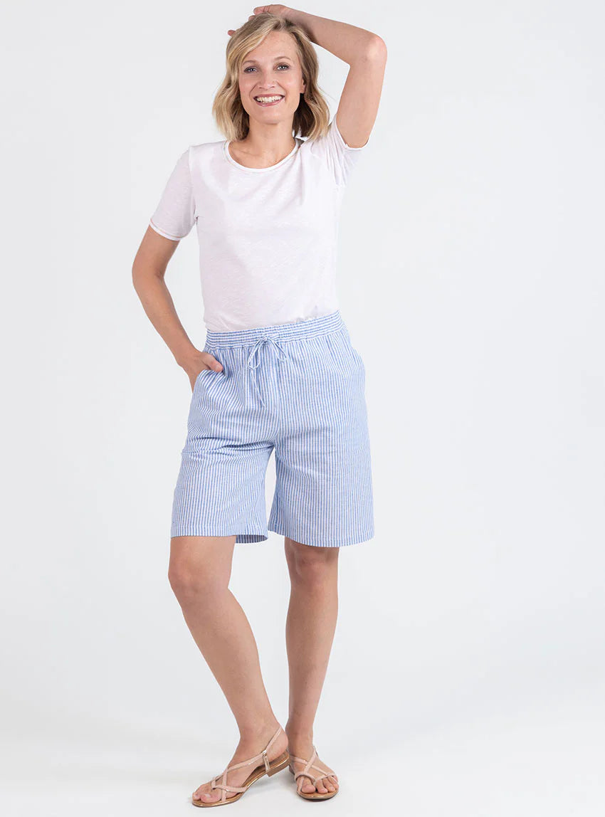 Bermuda femme rayé bleu en lin et coton