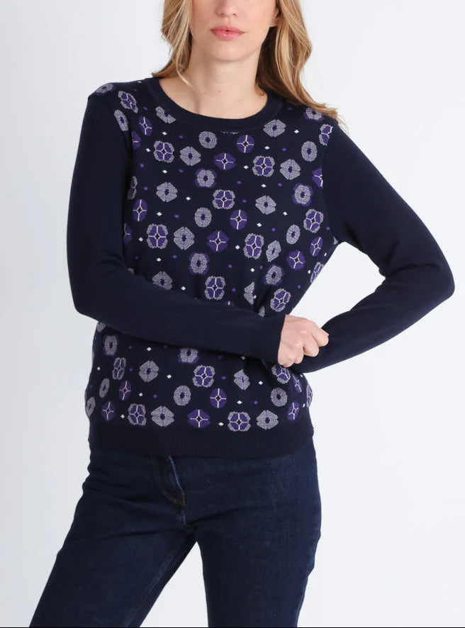 Pull jacquard femme en laine mérinos bleu