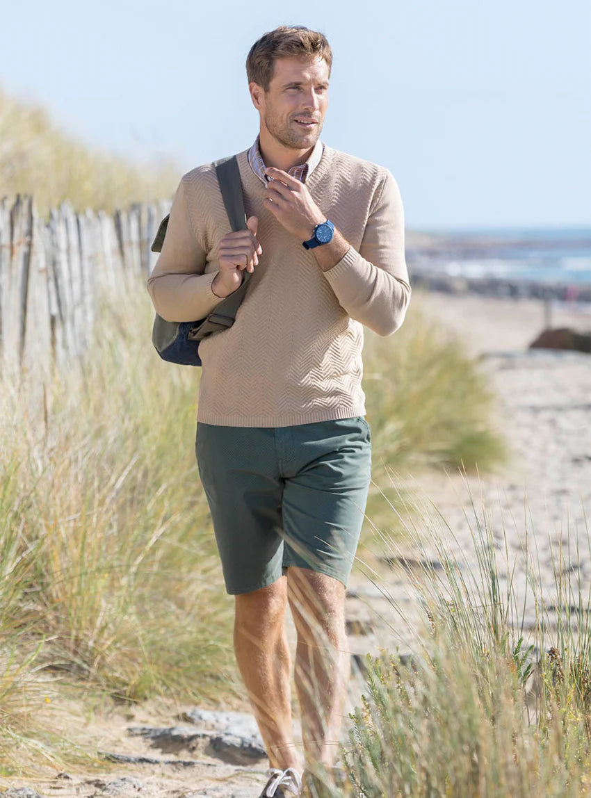 Pull homme col V chevrons en coton Beige Sable Chaud