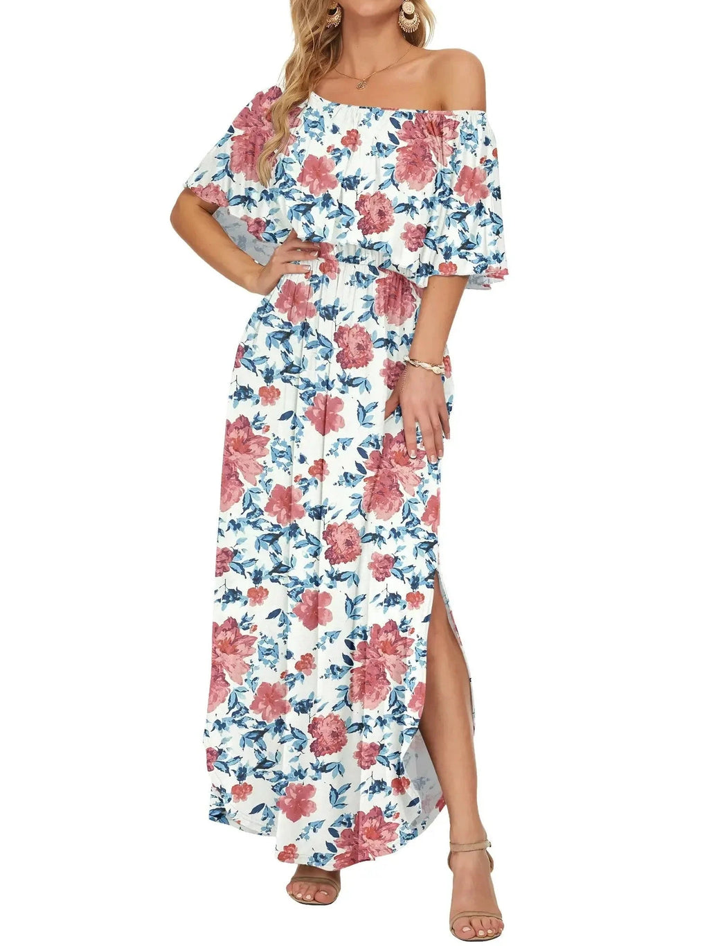 Robe maxi d'été florale pour femme à épaules dénudées