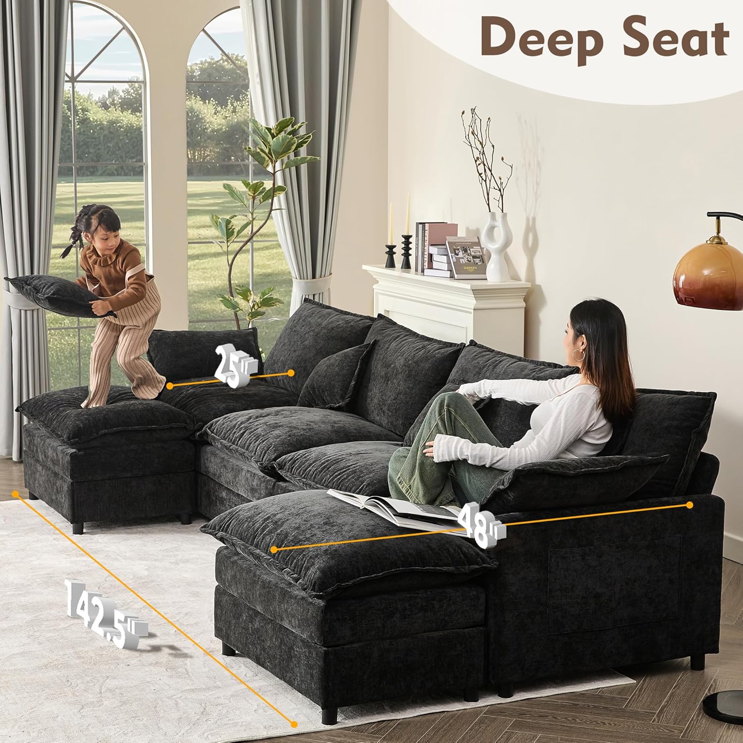 108 U Shaped Couch, Modular Sectional Sofa, 3-Seater Comfy Cloud Couch with Movable Ottoman, Deep Seat Couches for Living Room, Chenille, Slate
