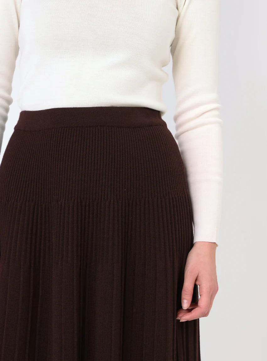 Jupe plissée midi en laine marron chocolat