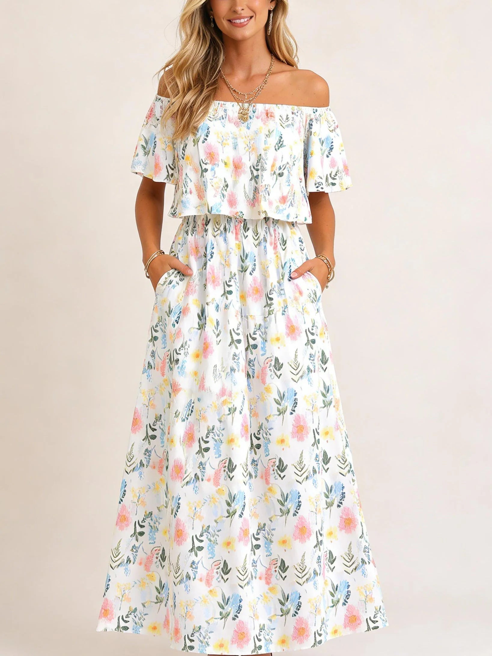 Robe maxi d'été florale pour femme à épaules dénudées