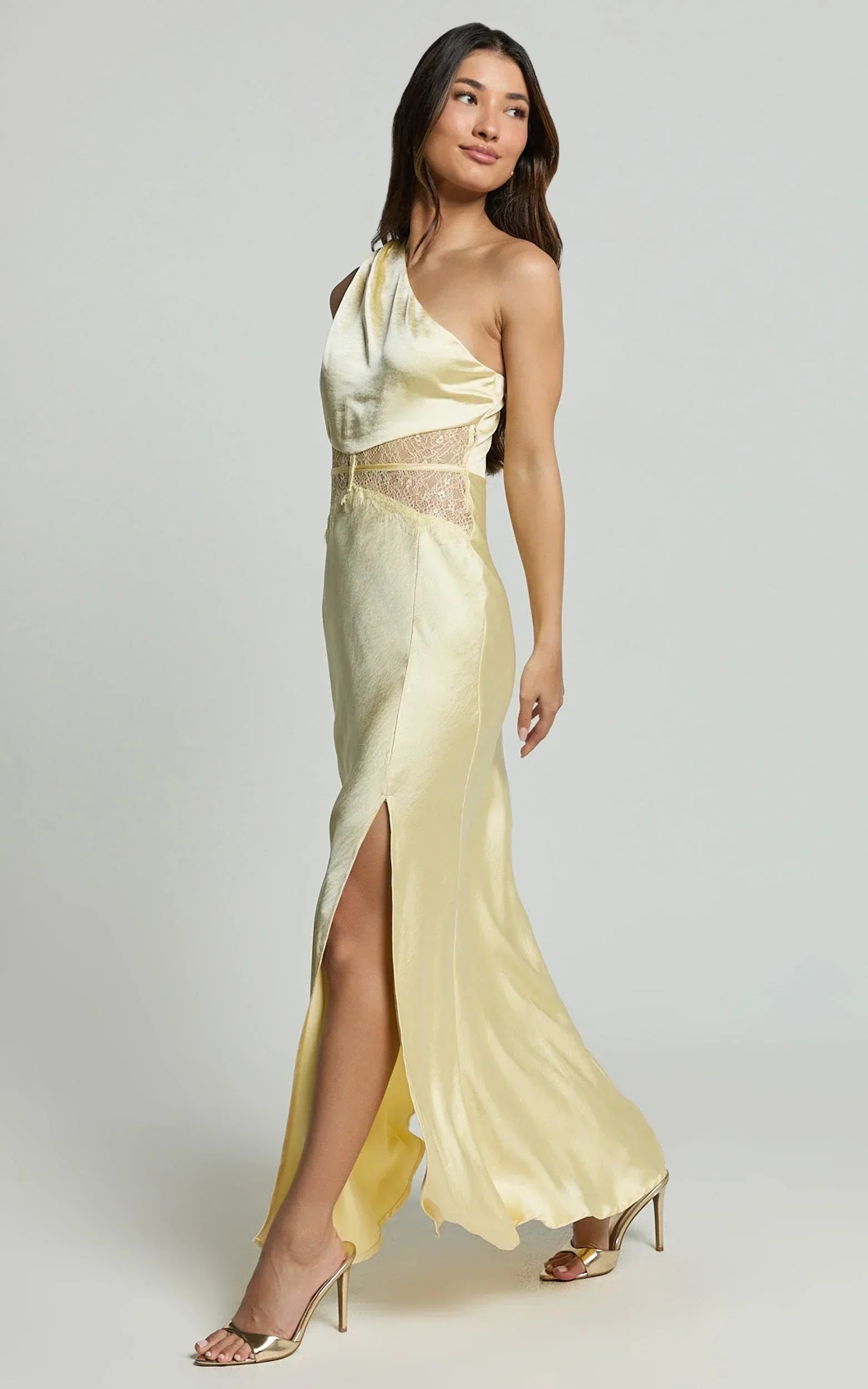 Estella Midi Dress - Asymmetrical Lace Detail Waist Slip Dress in Butter
