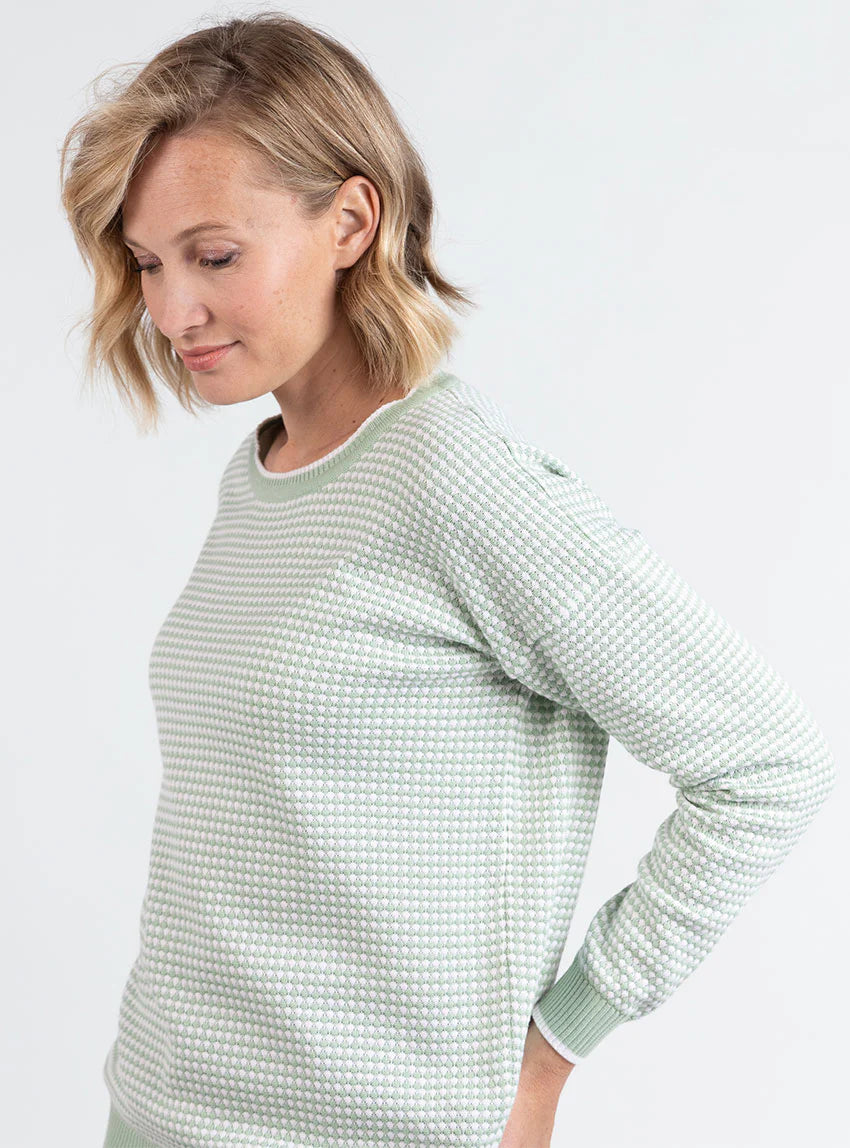 Pull femme bicolore en coton vert amande esprit vichy