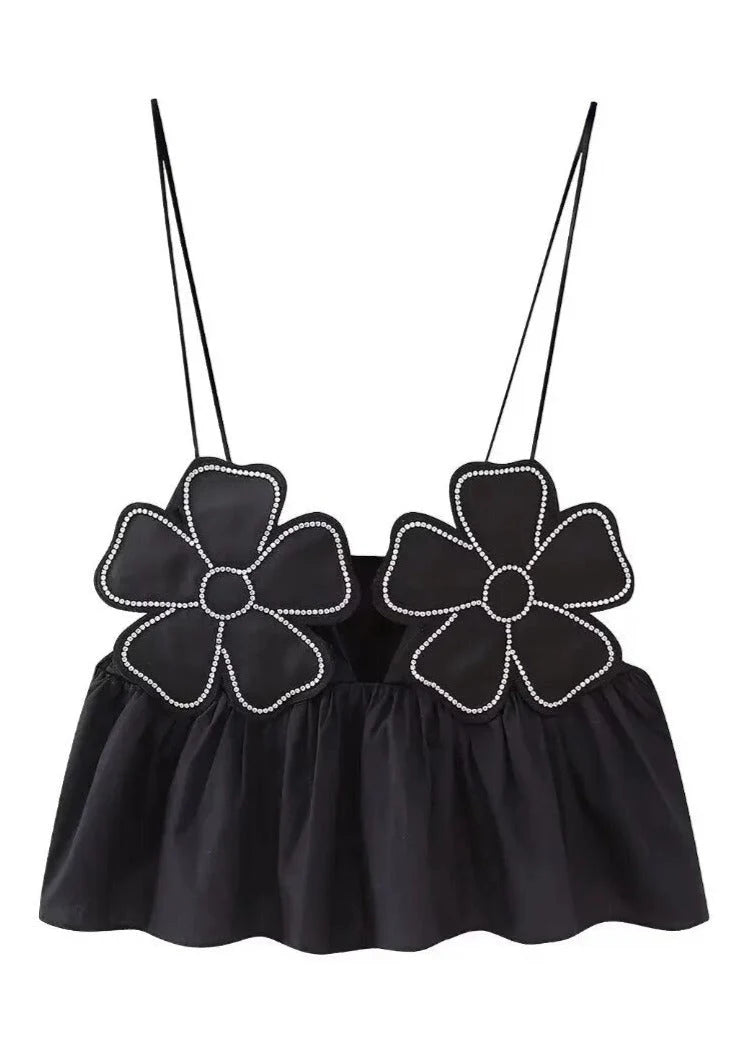 Haut noir en satin pour femme à col bénitier