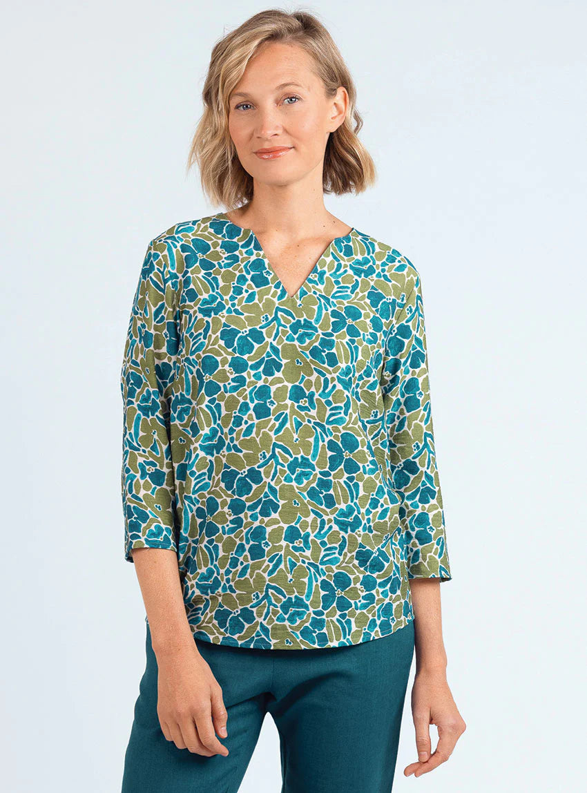 Blouse femme viscose floral bleu paon