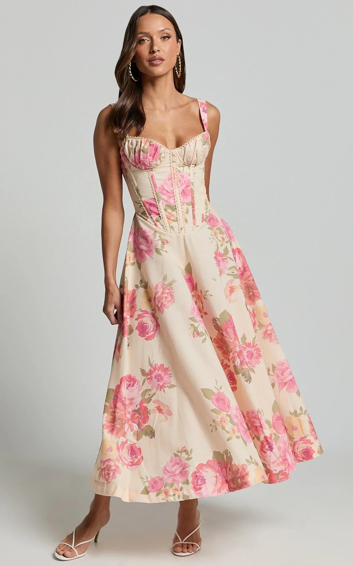 Jonas Midi Dress - Ruched Corset Lace Trim Dress in Vintage Spring Floral