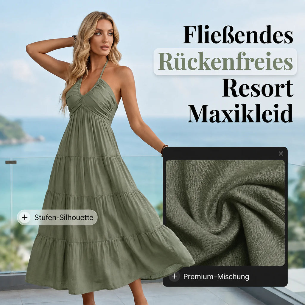 Robe longue dos nu à col halter avec drapés fluides