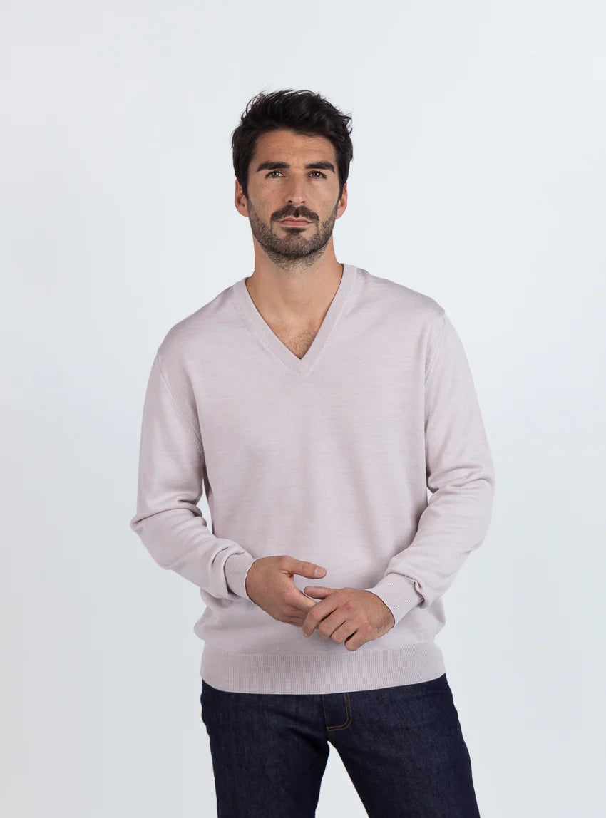 Pull homme col V 100% mérinos beige naturel