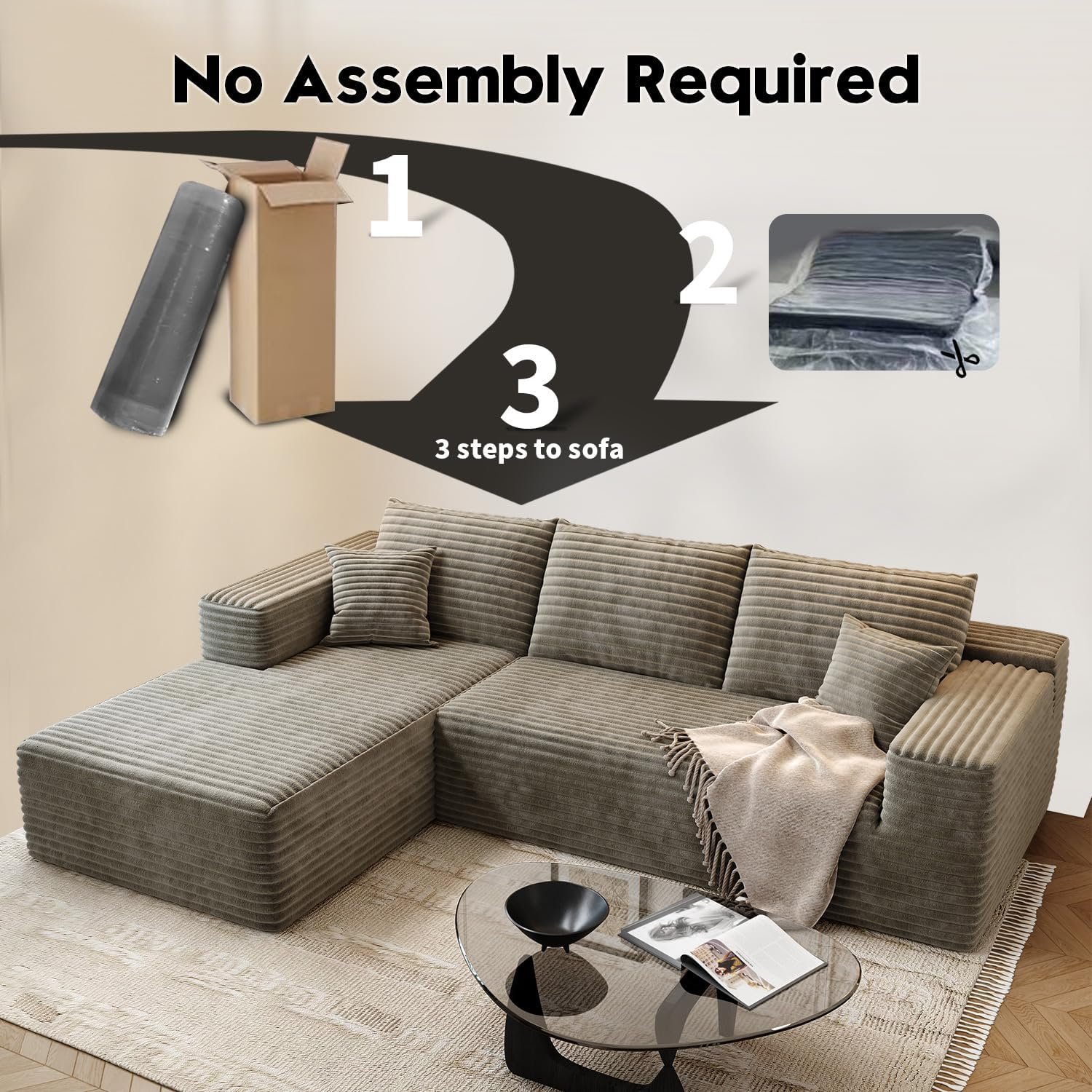 107.5 Cloud Modular Sectional Sofa Couch with L-Shape Chaise,Modern Minimalist Upholstered Couches for Living Room Bedroom,Deep Seat Corner Couch，No Assembly Required (Black,Left Facing Chaise)