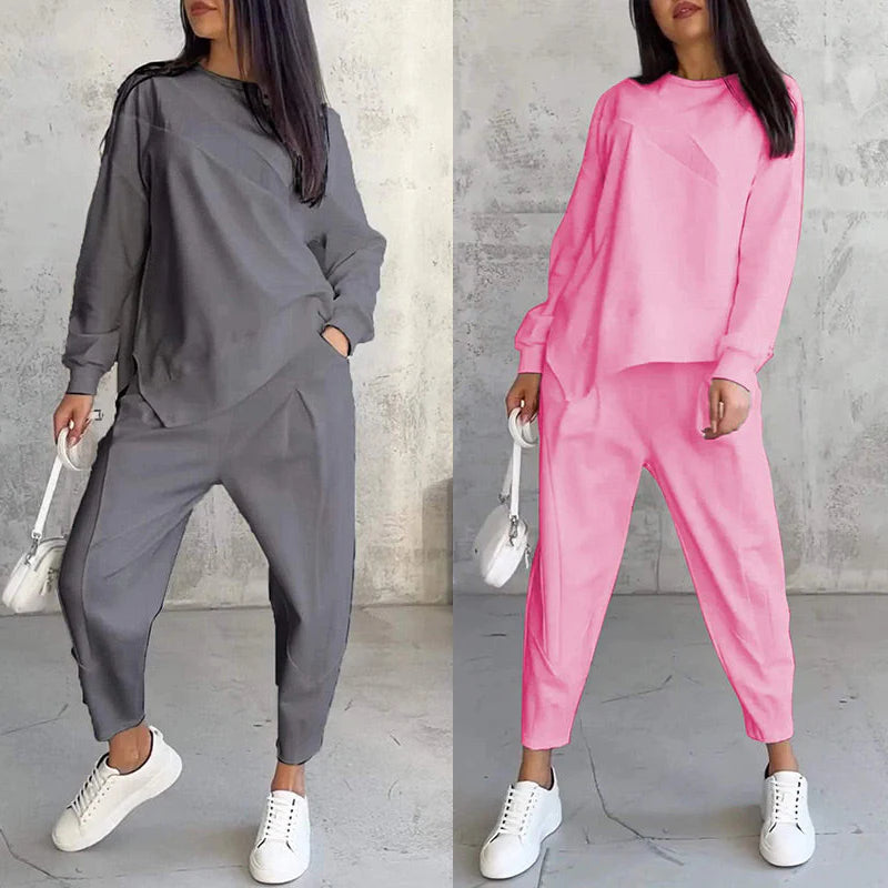 💕Conjunto de sudadera de manga larga con bajo irregular y pantalones para mujer