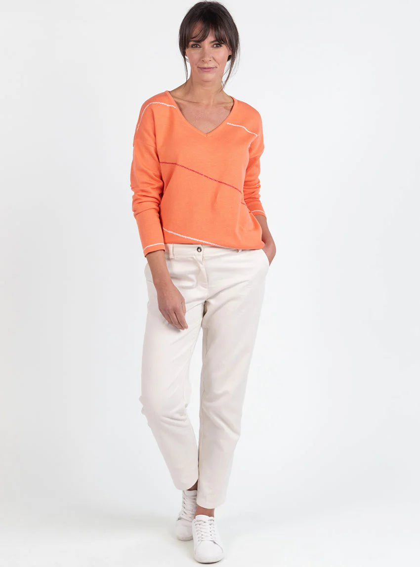 Pull femme col V en coton orange melon