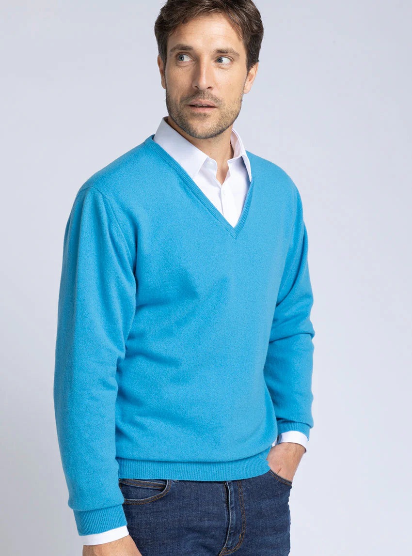 Pull homme col V en cachemire et laine bleu