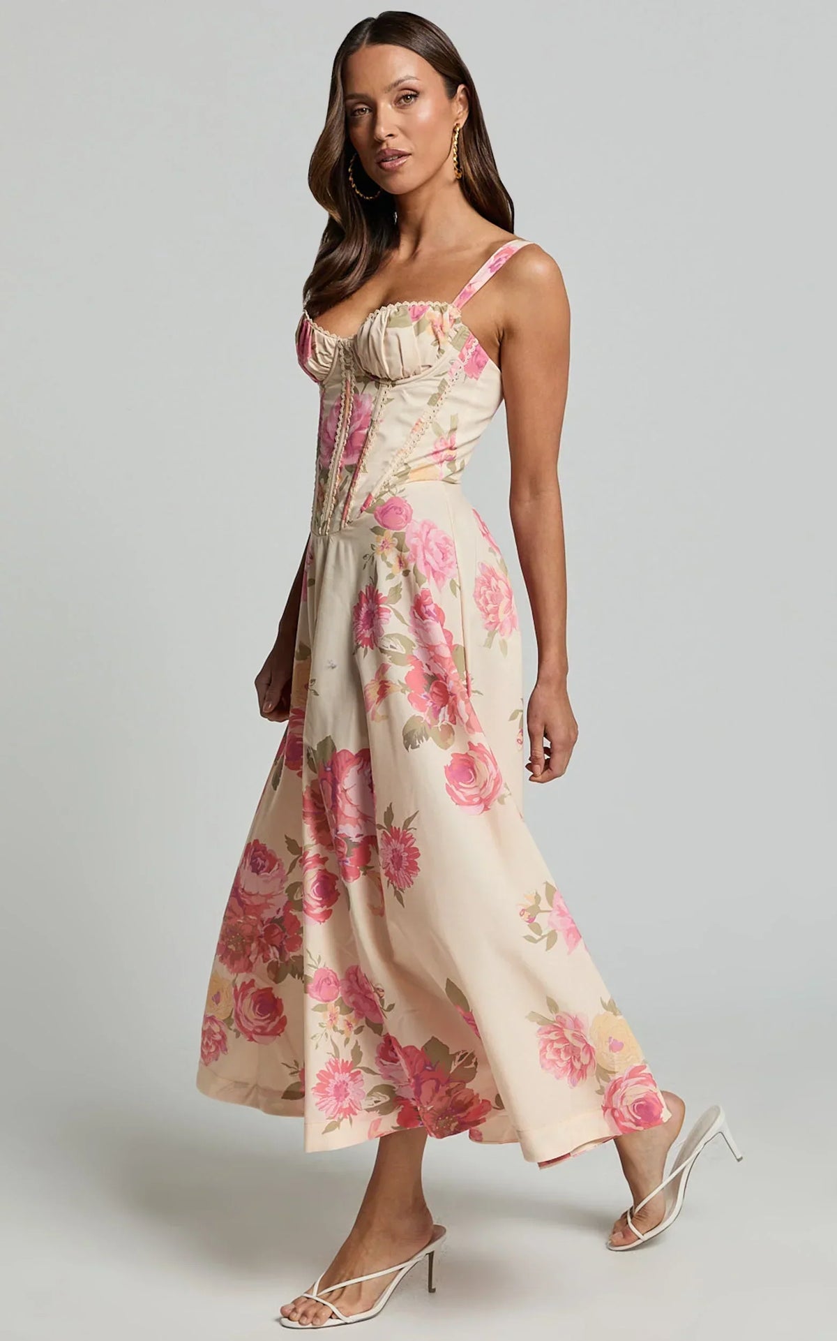 Jonas Midi Dress - Ruched Corset Lace Trim Dress in Vintage Spring Floral