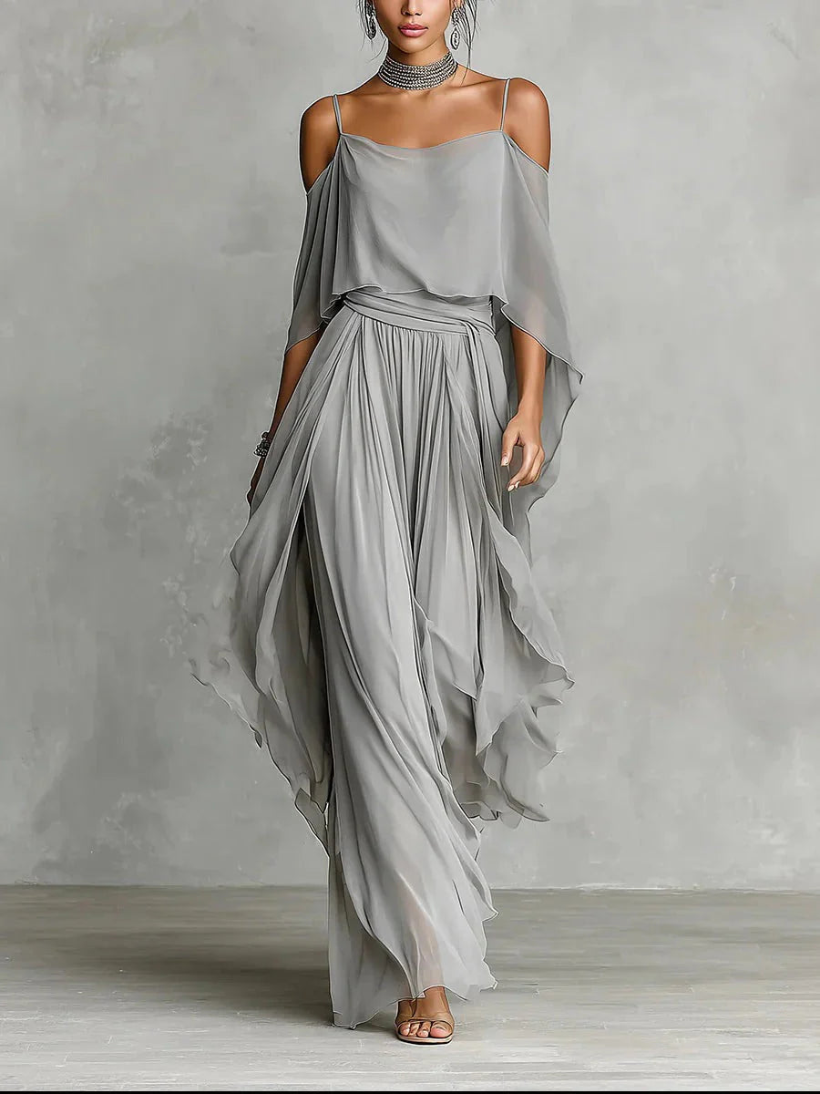Isabelle | Ensemble fluide gris – Top à bretelles et pantalon léger
