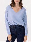 Pull femme col V laine et cachemire bleu
