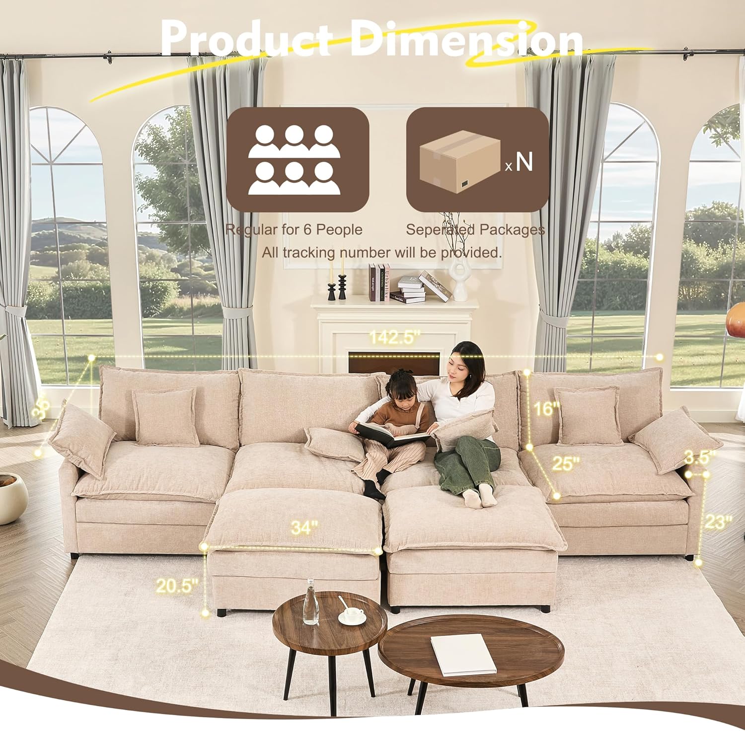 108 U Shaped Couch, Modular Sectional Sofa, 3-Seater Comfy Cloud Couch with Movable Ottoman, Deep Seat Couches for Living Room, Chenille, Slate