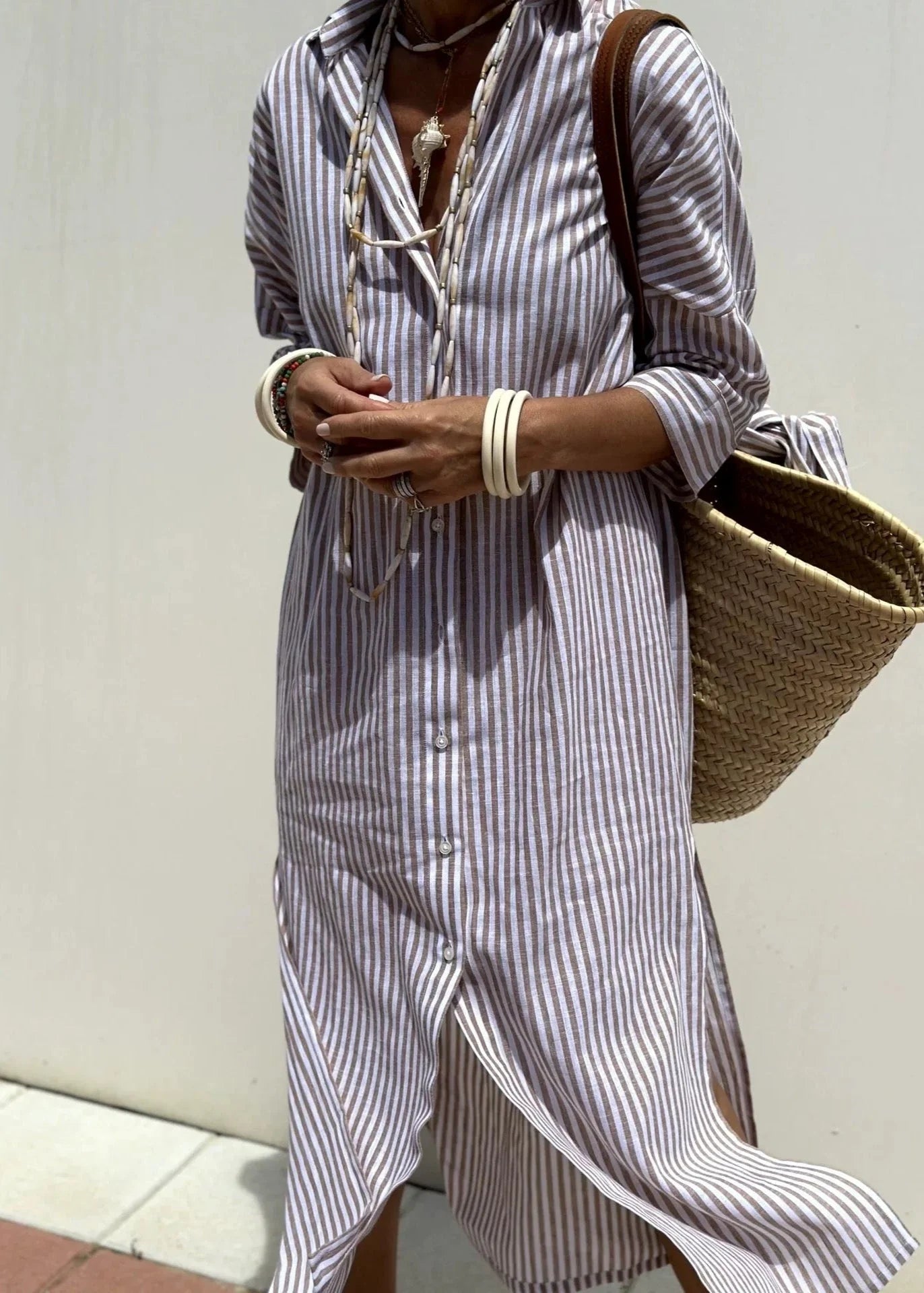 Sophie Paris | Robe chemise longue d'été à rayures et manches mi-longues