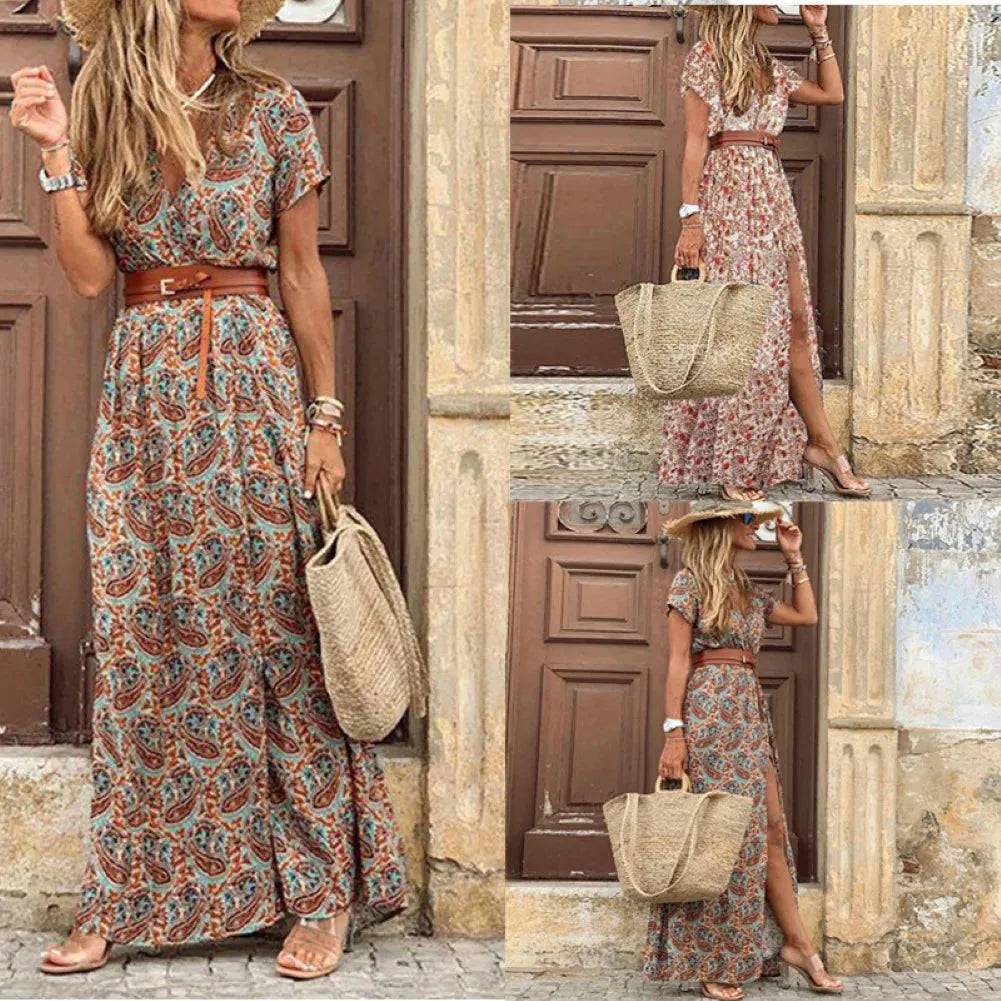 Robe longue cachemire à imprimé pour femme, été, col en V, confortable