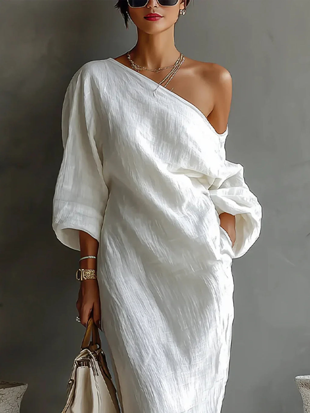 Robe Maxi en Lin à Manches Bouffantes pour Femme