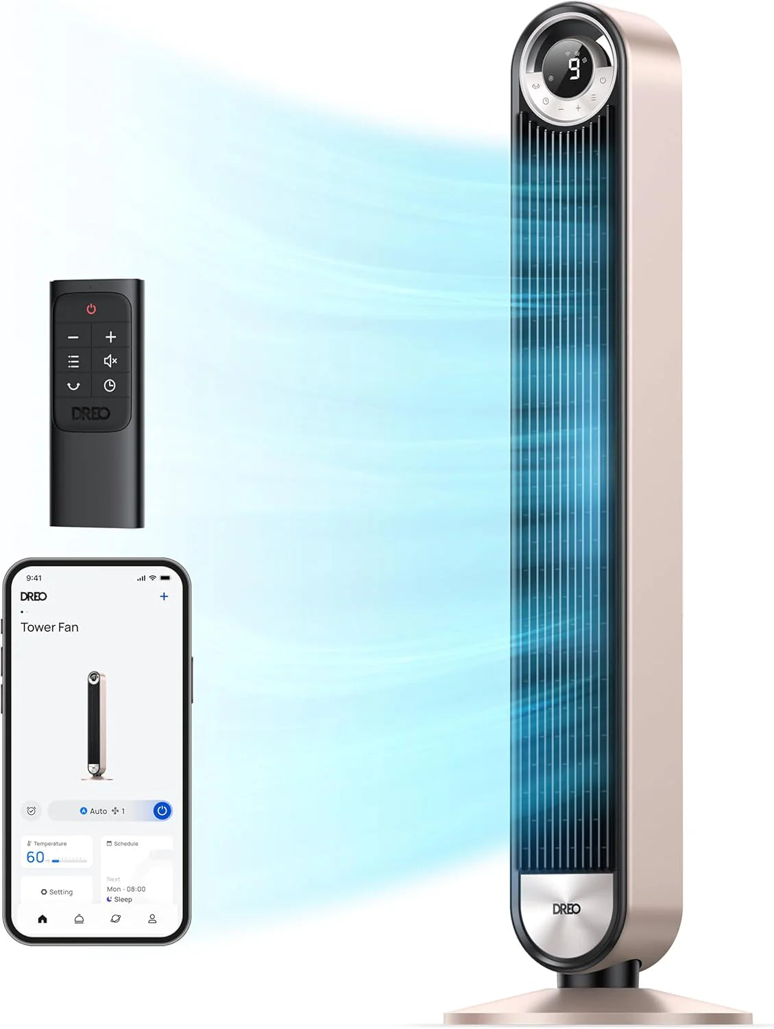 DREO Tower Fan for Bedroom, 90° Oscillating Standing Fan with 28ft/s Velocity, 20dB Quiet for Sleep, DC Motor, 9 Speeds, 4 Modes, 12H Timer, Voice & APP & Remote Control, 42 Cruiser Pro T2 S