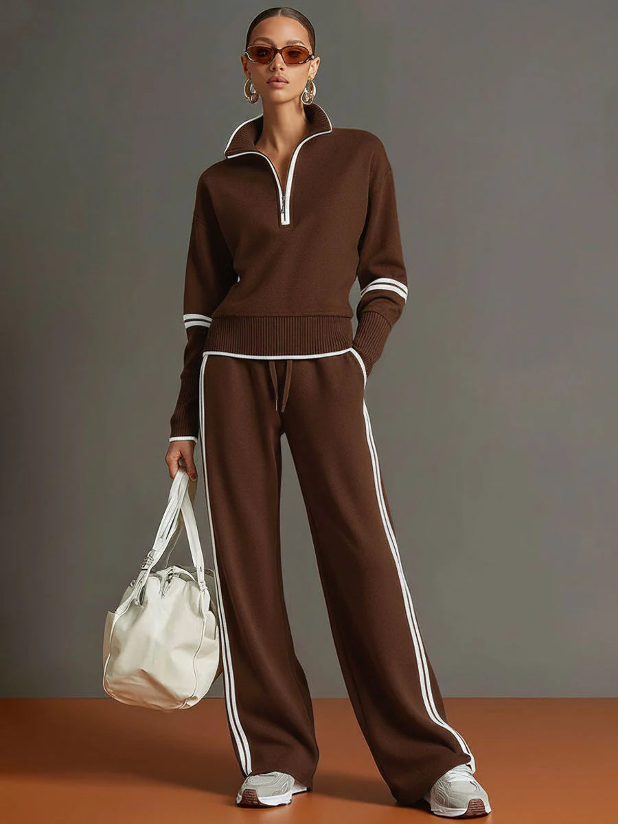 Ensemble sweat à demi-fermeture éclair et pantalon à jambes larges