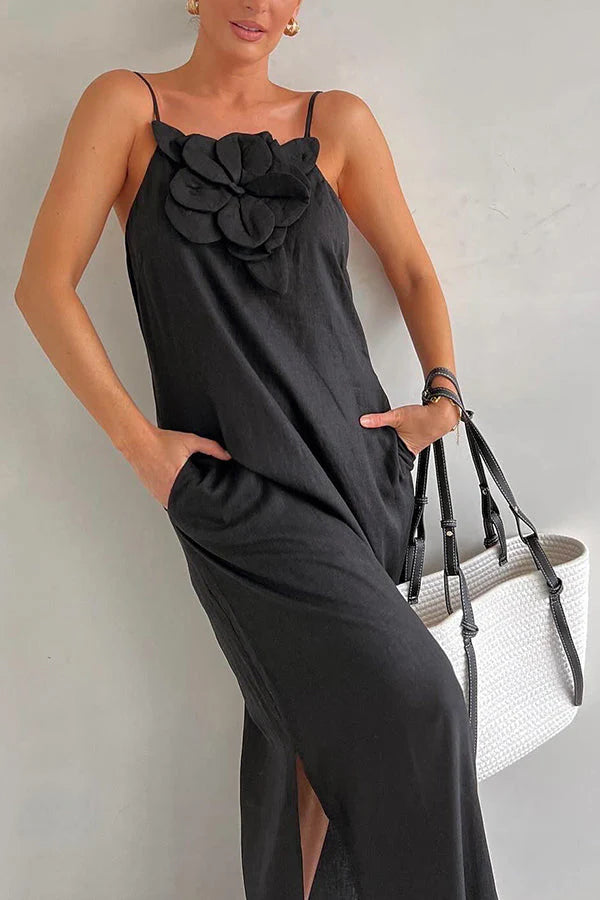 Sophie Paris | Robe maxi fendue à poches ornée de motifs floraux en mélange de lin