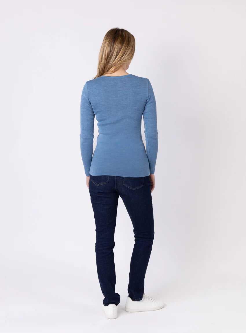 Tee-shirt thermique manches longues femme en laine merinos bleu nordique