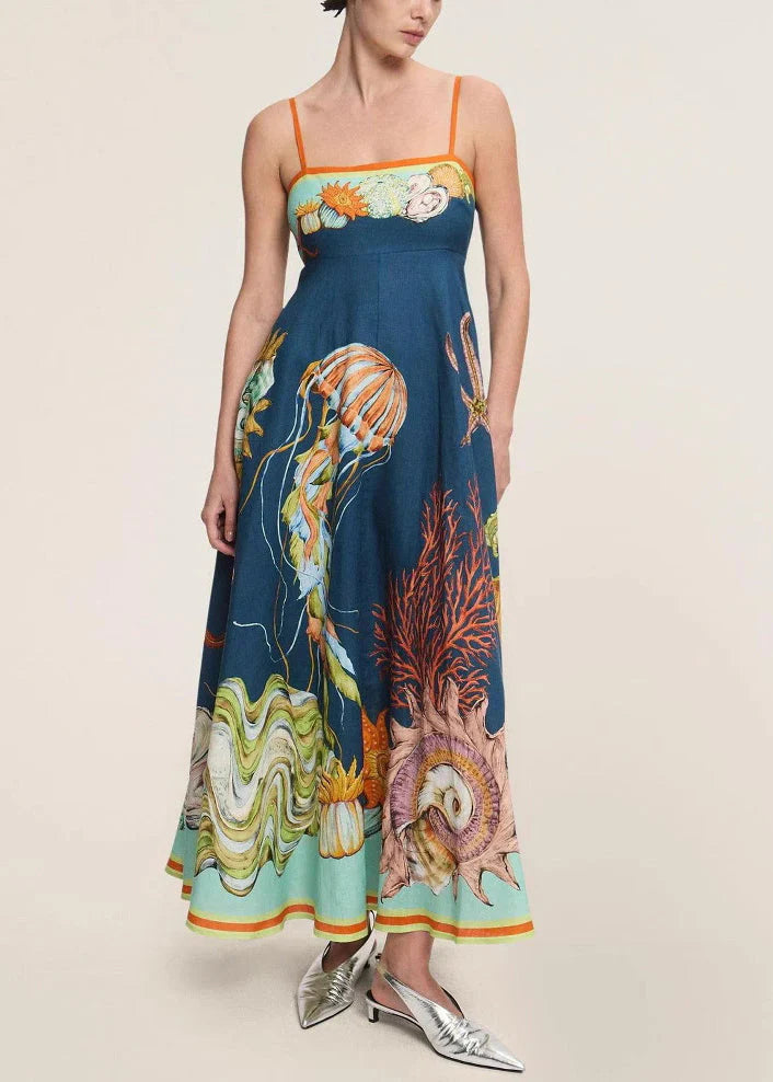 Sophie Paris I Robe sans manches en lin avec bretelles fines et imprimé Marine italienne