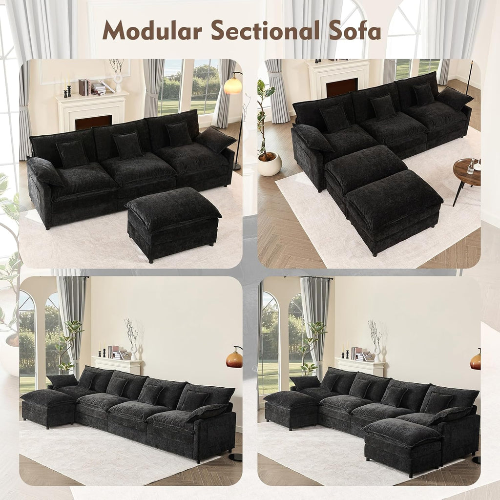 108 U Shaped Couch, Modular Sectional Sofa, 3-Seater Comfy Cloud Couch with Movable Ottoman, Deep Seat Couches for Living Room, Chenille, Slate