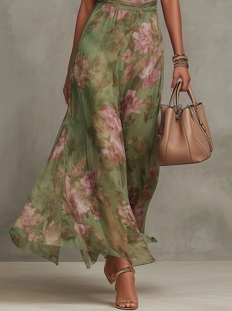 Serena ∙ Robe longue verte à fleurs en chiffon avec encolure halter