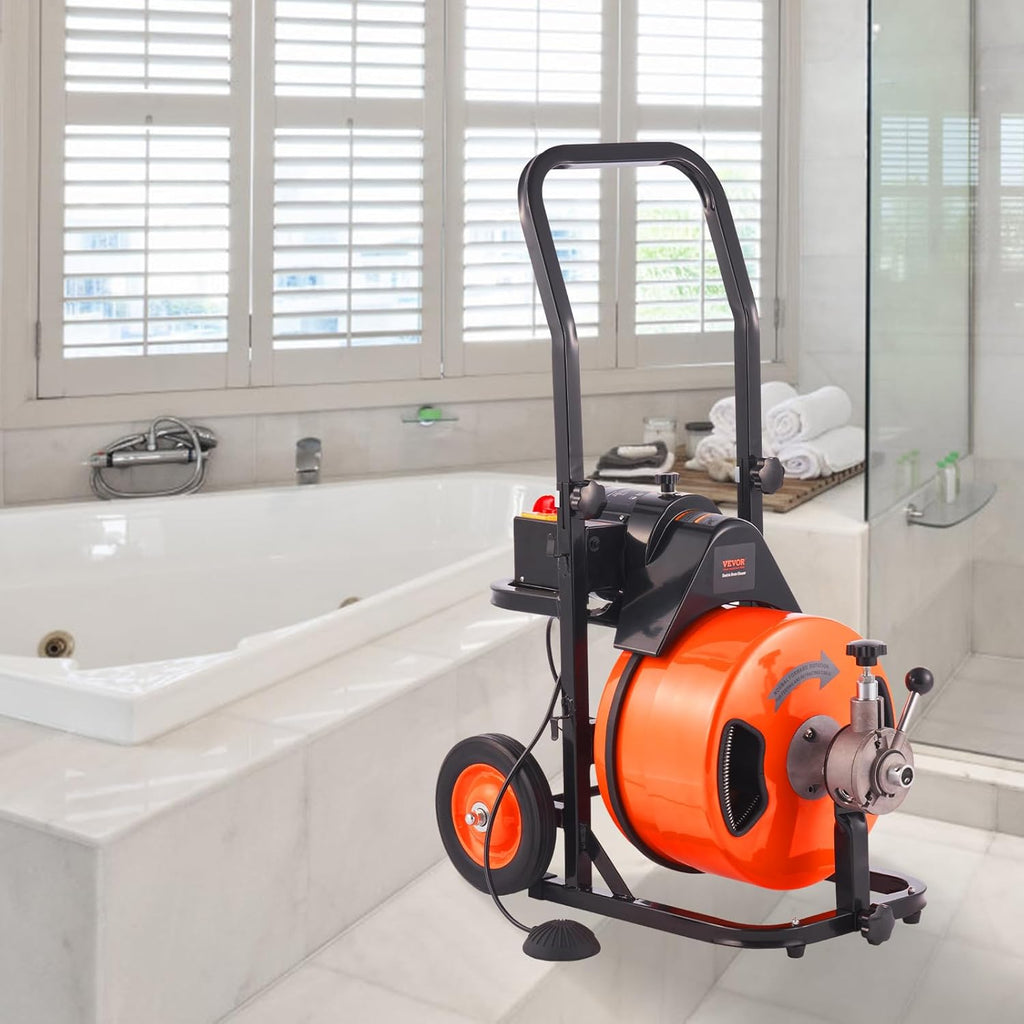 2025 Drain Cleaner Machine 100FT x 1/2Inch, Auto Feed Sewer Snake Auger with 4 Cutter & Air-activated Foot Switch for 1 to 4 Pipes, Orange, Black