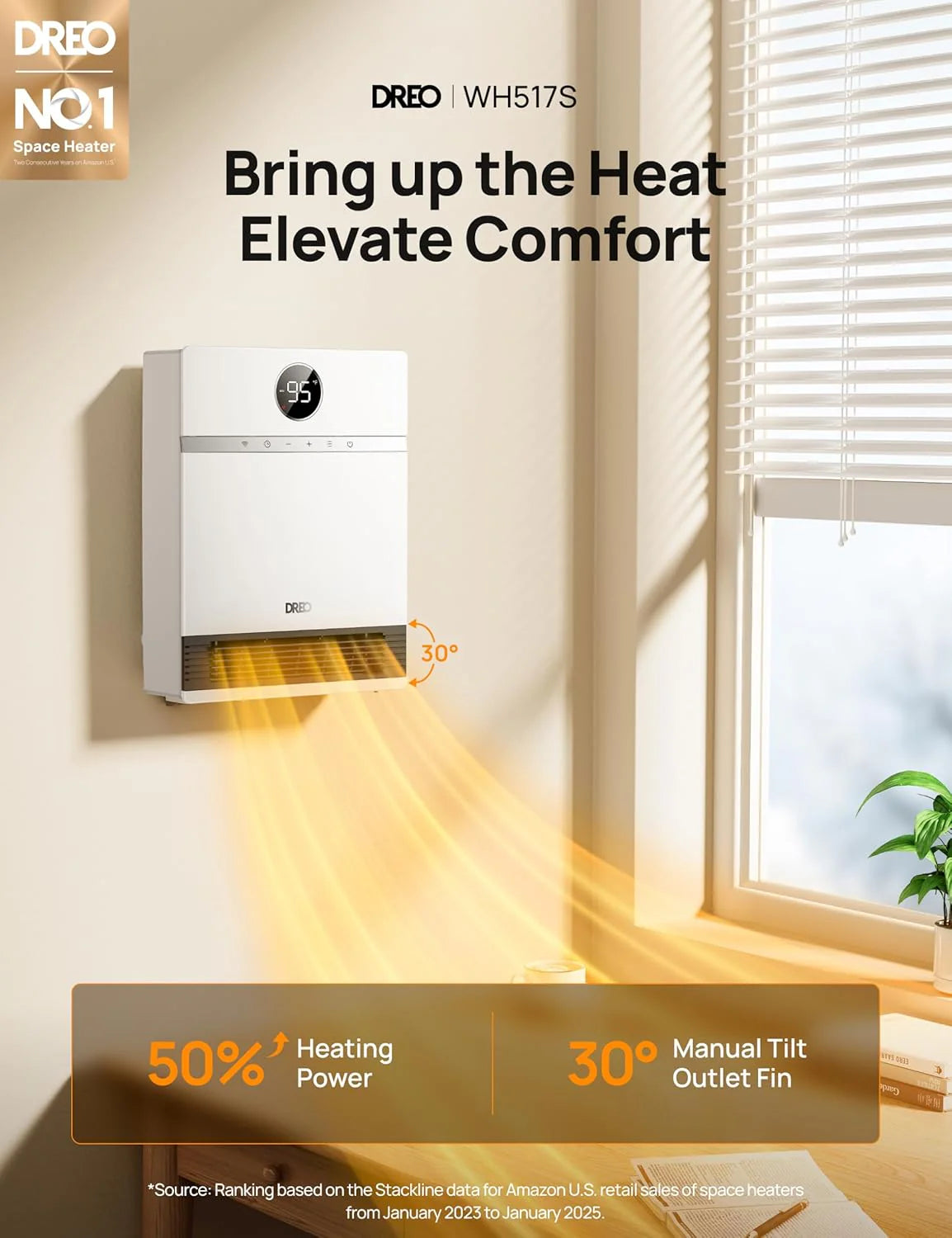 Dreo Smart Wall Heater, IP24 Electric PTC Space Heaters for Indoor Use, 30° Oscillation, Adjustable Thermostat, Remote Control, Works with Alexa, 24H Timer, Easy-mounted for Bedroom, Office, Home