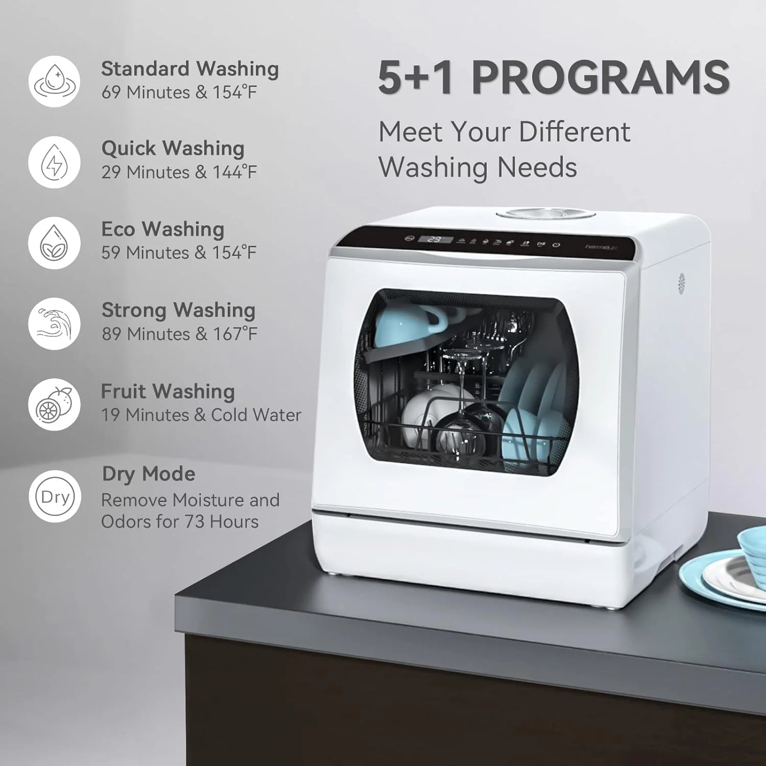 Hermitlux Countertop Dishwasher, 7 Washing Programs Portable Mini Dishwasher with 5-Liter Built-in Water Tank for Apartments & RVs, LED Light, Glass Door, No Hookup Needed