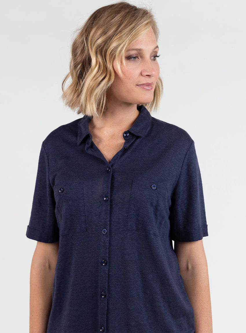 Chemisier maille en lin bleu marine