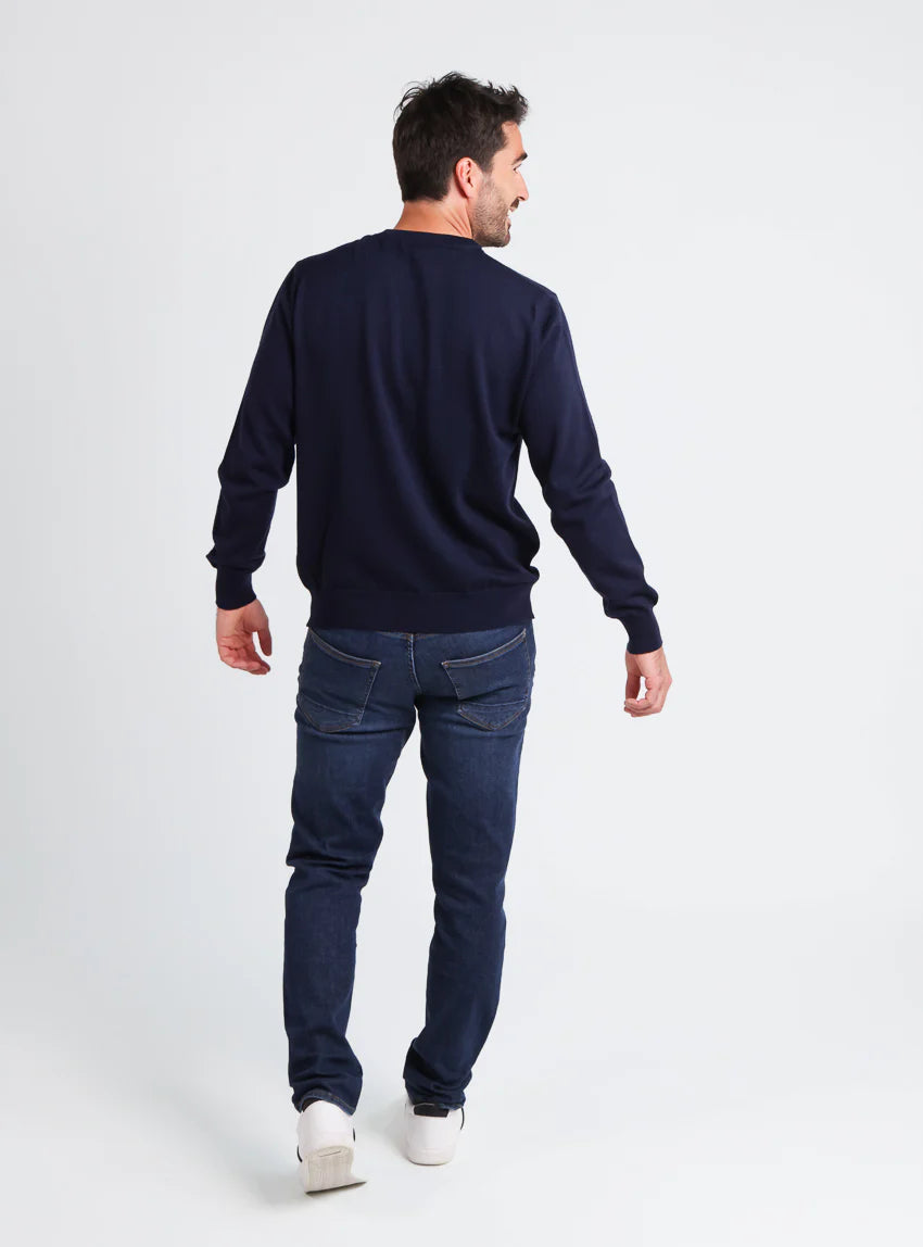 Pull homme col rond laine merinos Bleu Marine