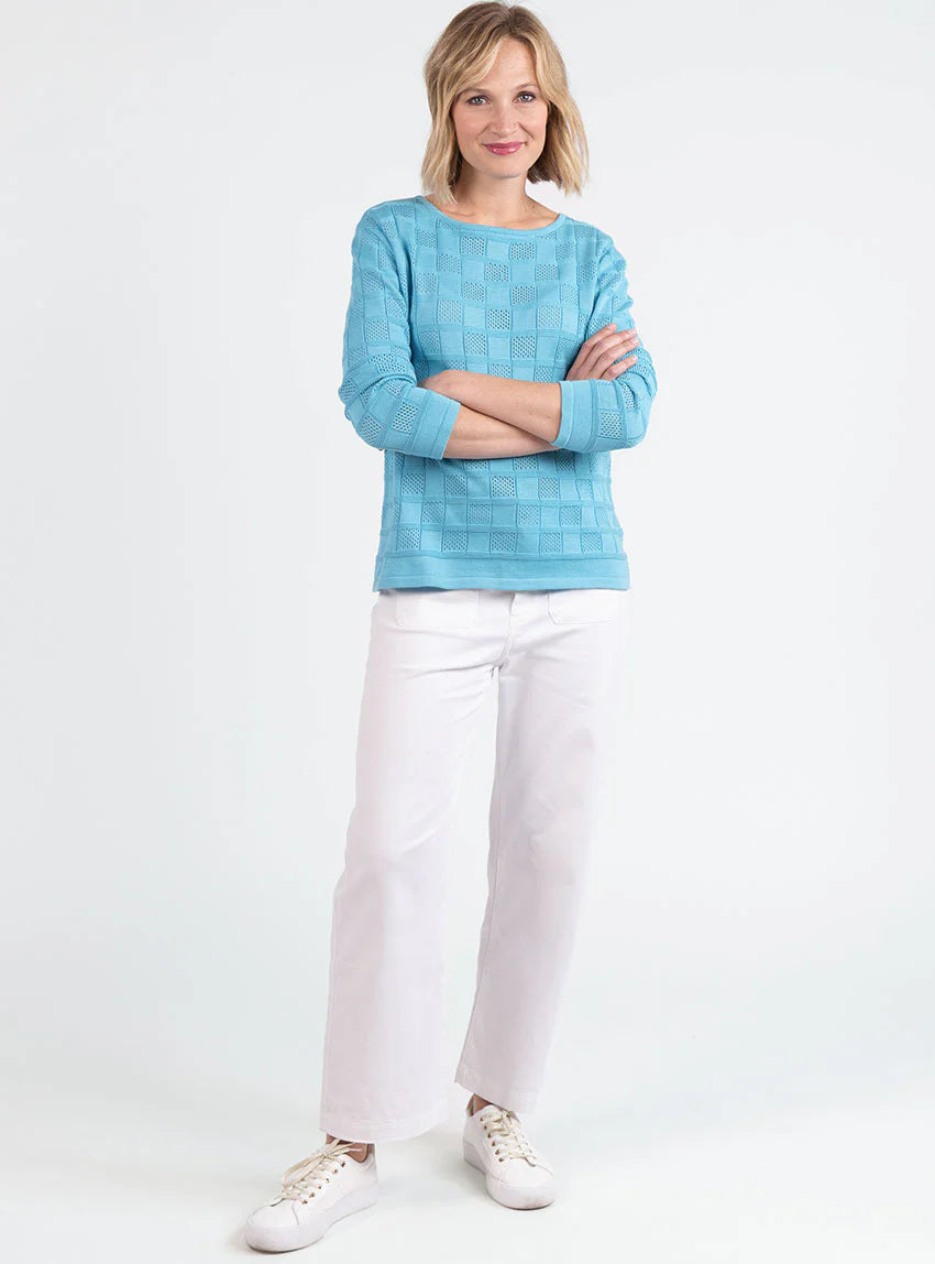 Pull femme ajouré en coton bleu turquoise