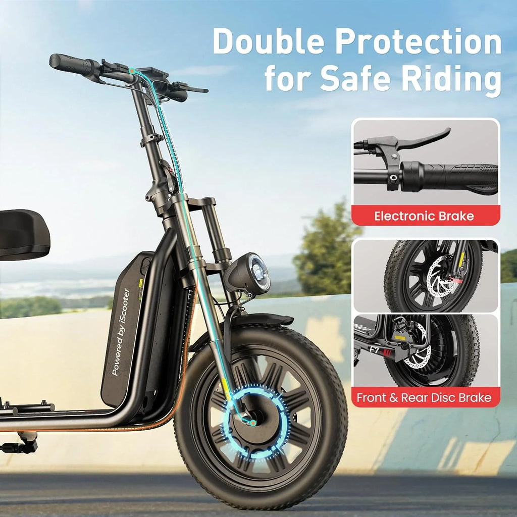 iScooter electric scooter with seat 28/19/15.6 mph top speed dual suspension scooter